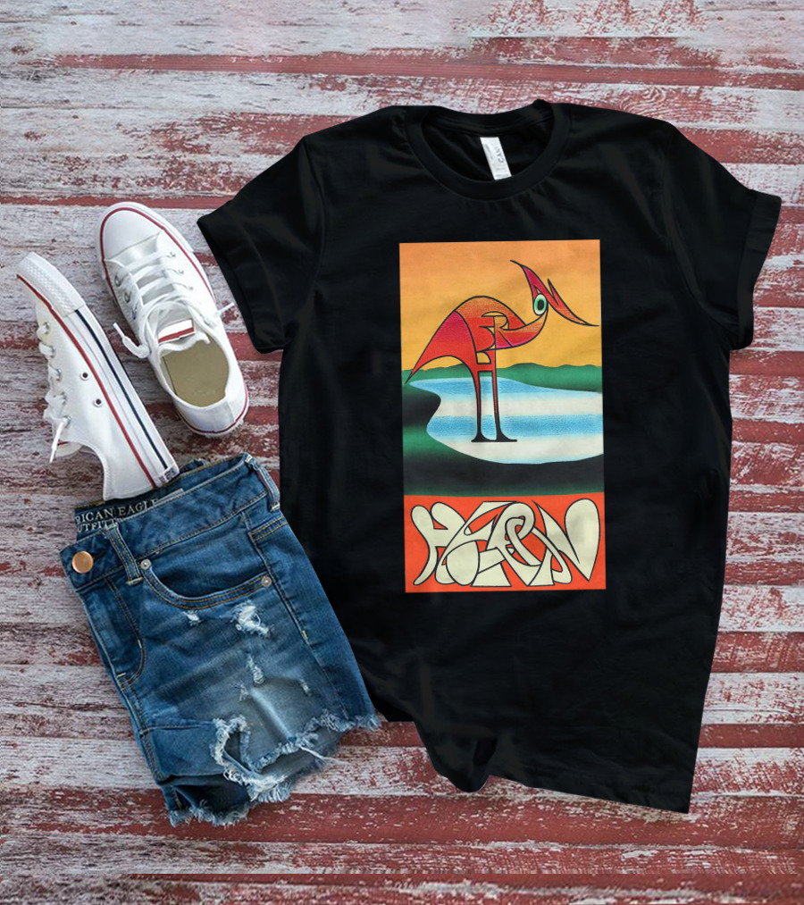 Heron Preston Abstract Bold Graphic Stork Art Orange Teal Lake T-Shirt