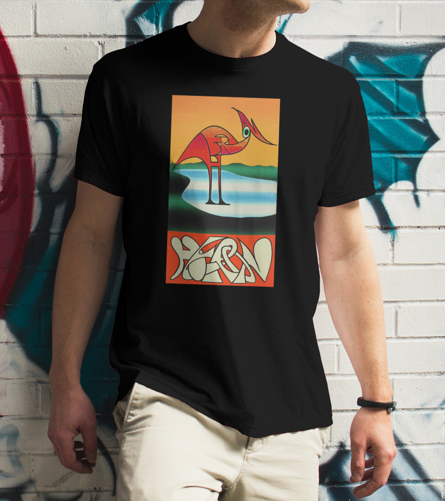 Heron Preston Abstract Bold Graphic Stork Art Orange Teal Lake T-Shirt