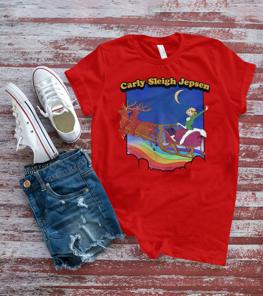 Carly Sleigh Jepsen Christmas Reindeer Sleigh Adventure Under Moonlit Sky T-Shirt