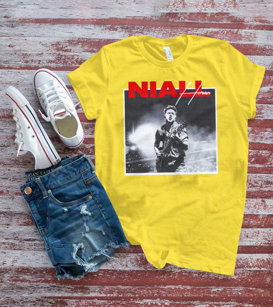 Niall Horan Live Performance Black And White Stage Photo With Red Name Highlight T-Shirt