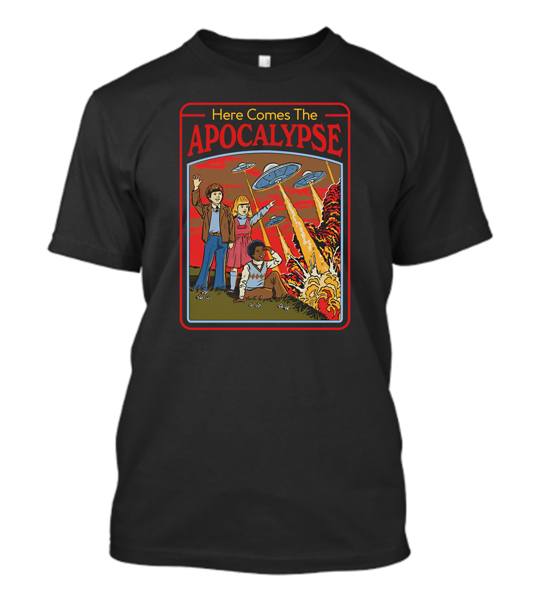 Here Comes The Apocalypse UFO Invasion With Kids And Explosions T-Shirt