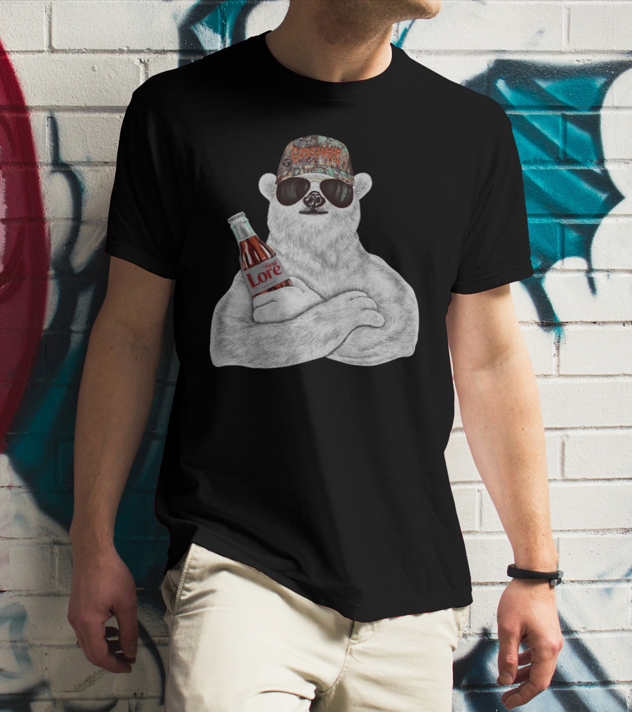 Polar Bear Gods Hate Hard Lore Camo Hat Sunglasses Holding Bottle T-Shirt
