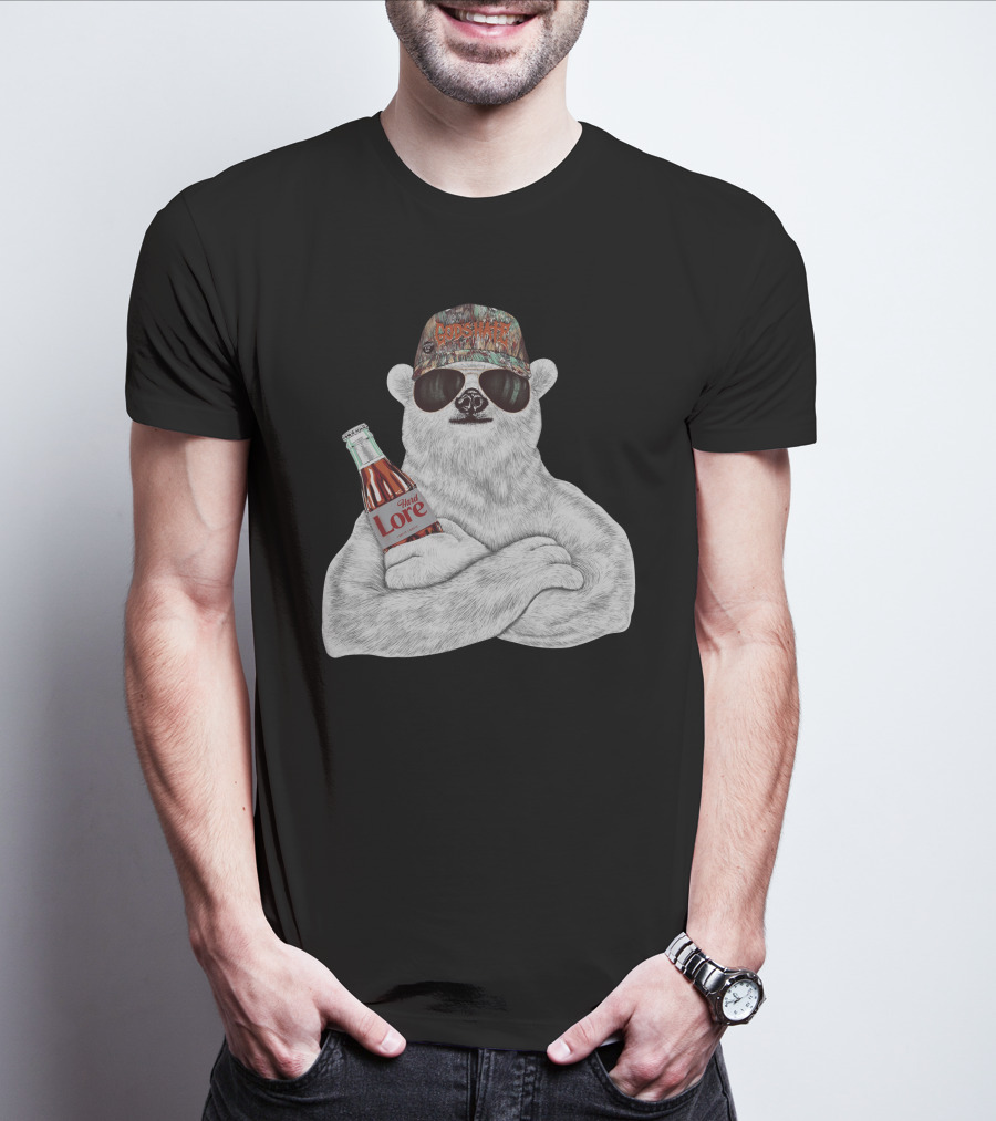 Polar Bear Gods Hate Hard Lore Camo Hat Sunglasses Holding Bottle T-Shirt