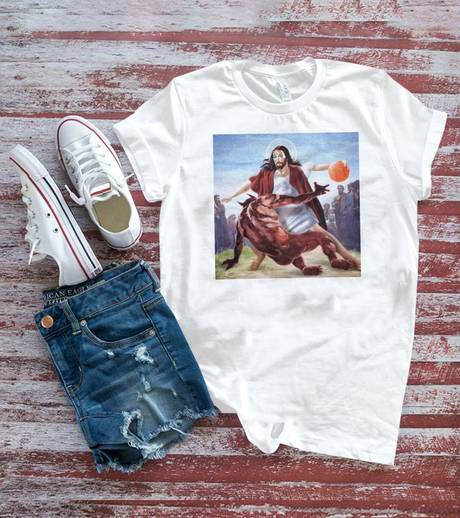 Jesus Dribbling Basketball Past Demon With Onlookers T-Shirt