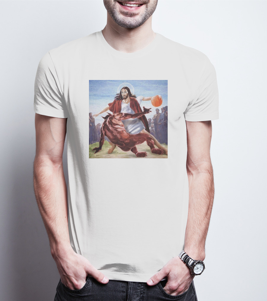 Jesus Dribbling Basketball Past Demon With Onlookers T-Shirt