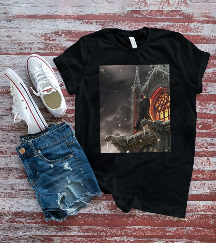 A Knight In The Frost Gothic Cathedral Snowfall Scene T-Shirt