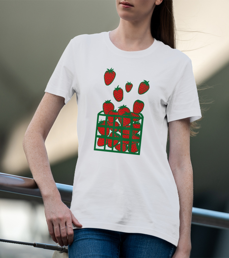 Strawberry Basket With Falling Strawberries Screen Print T-Shirt
