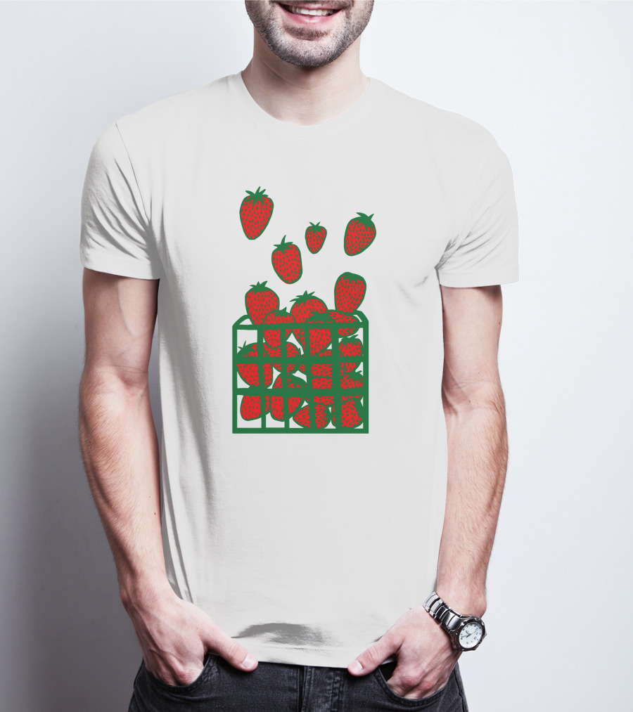 Strawberry Basket With Falling Strawberries Screen Print T-Shirt