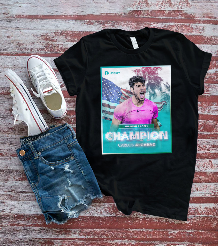 TennisTV BNP Paribas Open Champion Carlos Alcaraz American Flag Background T-Shirt