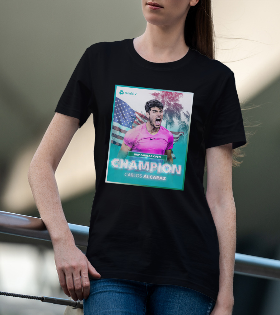 TennisTV BNP Paribas Open Champion Carlos Alcaraz American Flag Background T-Shirt