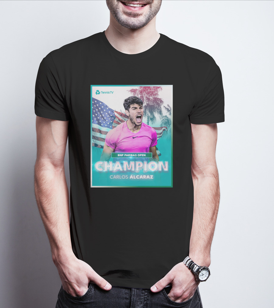 TennisTV BNP Paribas Open Champion Carlos Alcaraz American Flag Background T-Shirt
