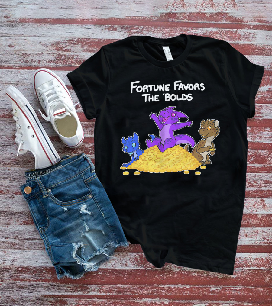Kobold Fortune Favors The Bold Colorful Cartoon Creatures On Gold Coins T-Shirt