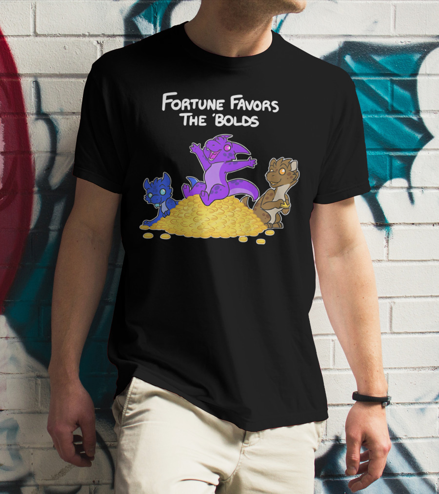 Kobold Fortune Favors The Bold Colorful Cartoon Creatures On Gold Coins T-Shirt