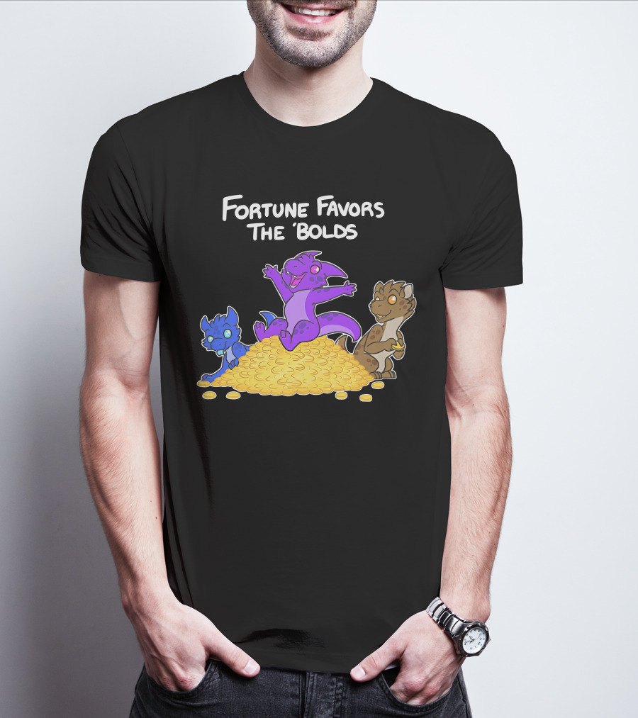Kobold Fortune Favors The Bold Colorful Cartoon Creatures On Gold Coins T-Shirt