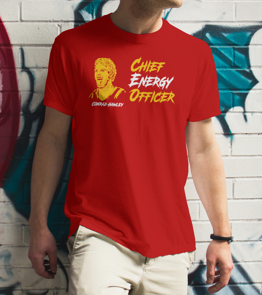 Conrad Hawley Chief Energy Officer Enthusiastic Portrait In Bold Yellow And White Text T-Shirt