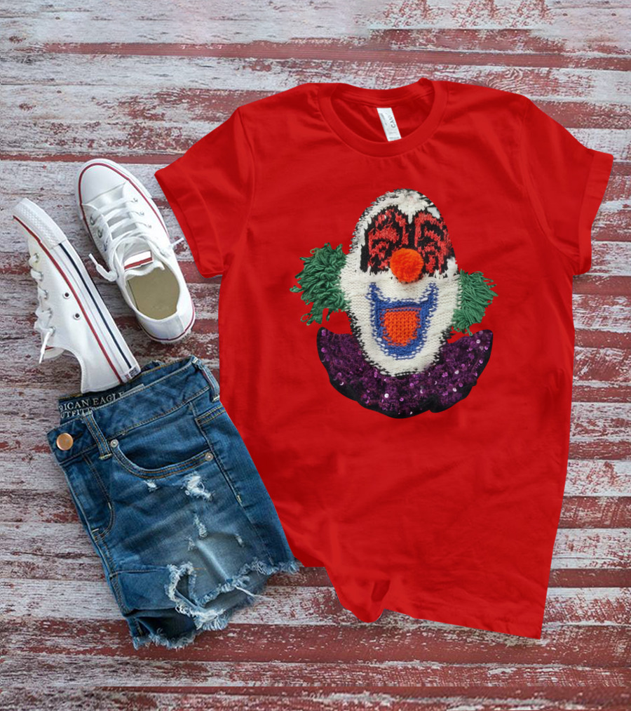 Sequin-Embellished Intarsia Wool Clown Face With Green Hair And Purple Collar T-Shirt