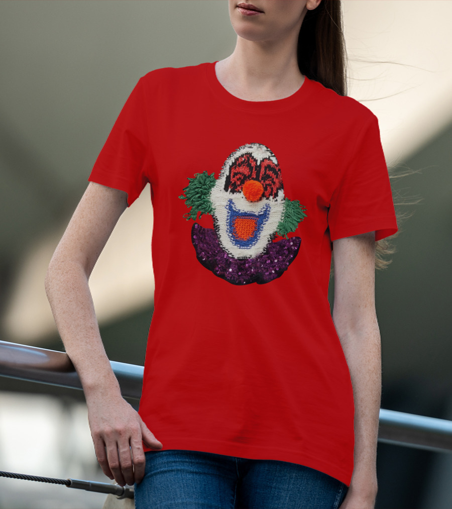 Sequin-Embellished Intarsia Wool Clown Face With Green Hair And Purple Collar T-Shirt
