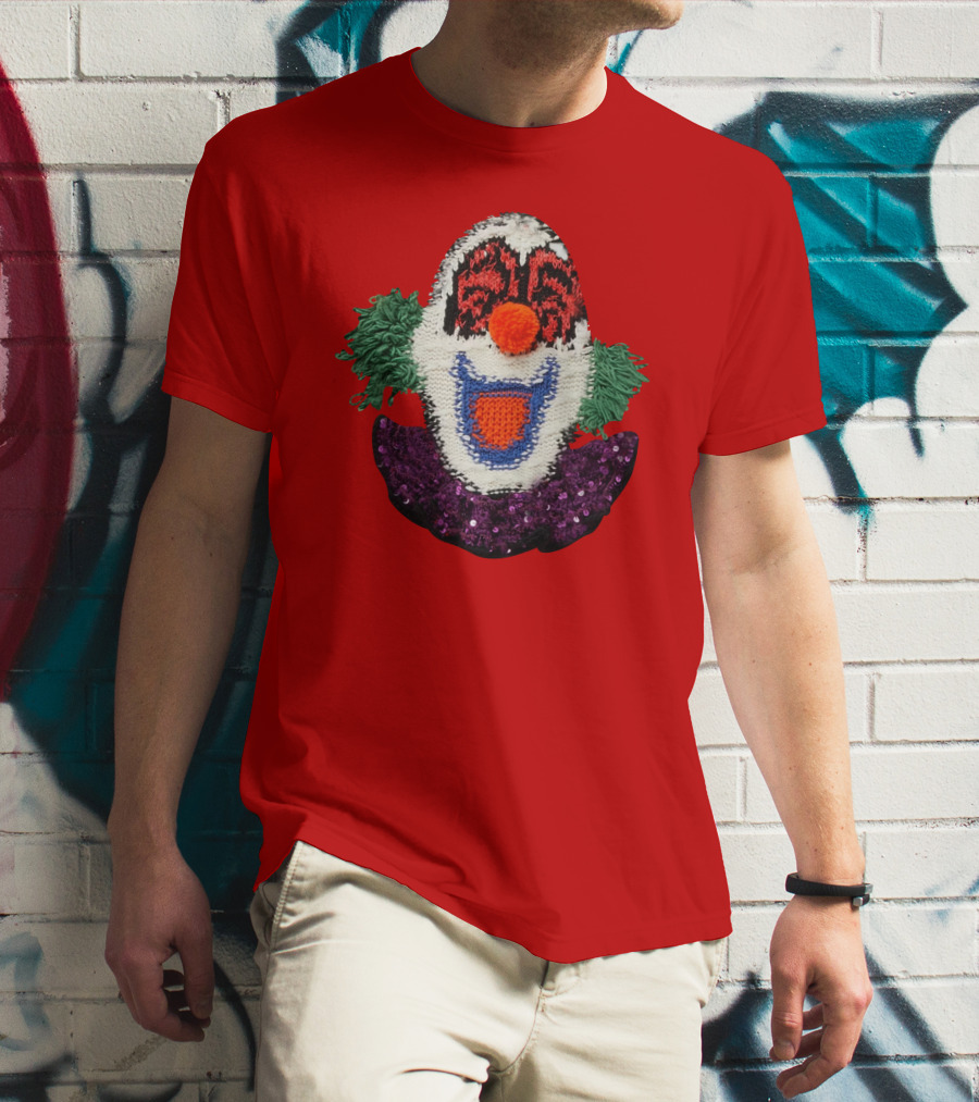 Sequin-Embellished Intarsia Wool Clown Face With Green Hair And Purple Collar T-Shirt