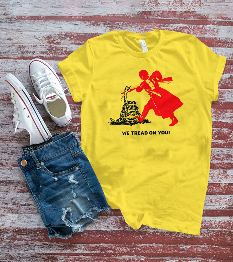 We Tread On You Revolutionary Soldier And Snake Yellow Background T-Shirt