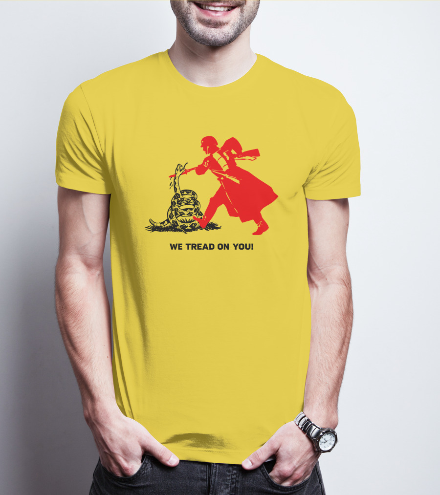 We Tread On You Revolutionary Soldier And Snake Yellow Background T-Shirt