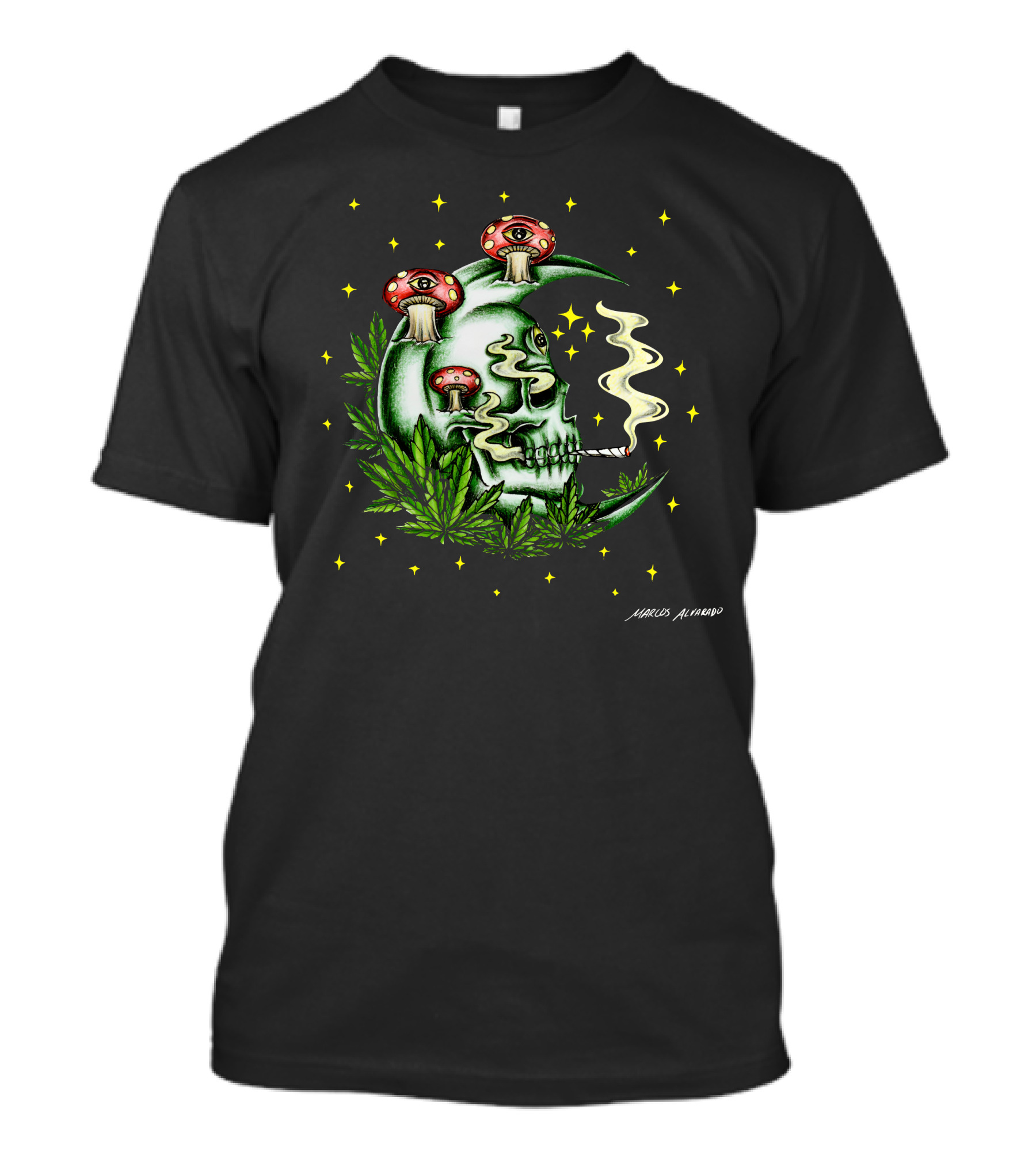 Marcos Alvarado Smoking Moon Skull With Mushroom Eyes And Cannabis Leaves T-Shirt