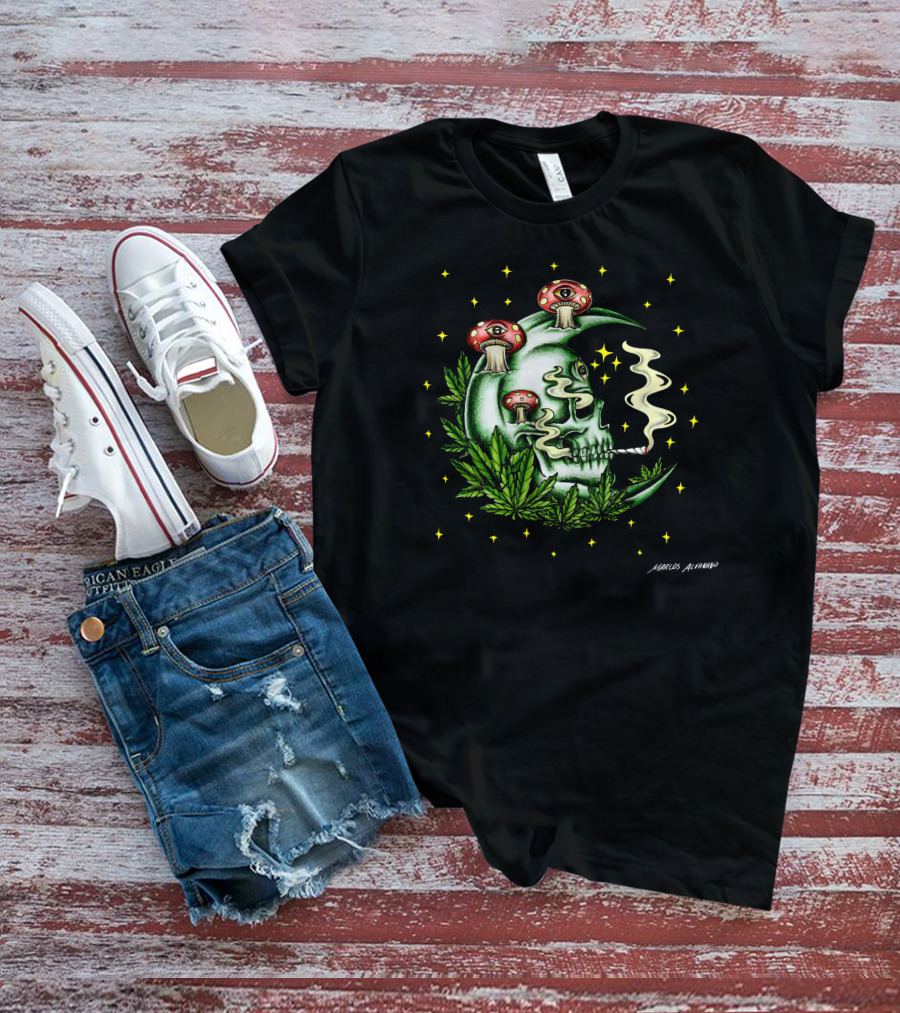 Marcos Alvarado Smoking Moon Skull With Mushroom Eyes And Cannabis Leaves T-Shirt