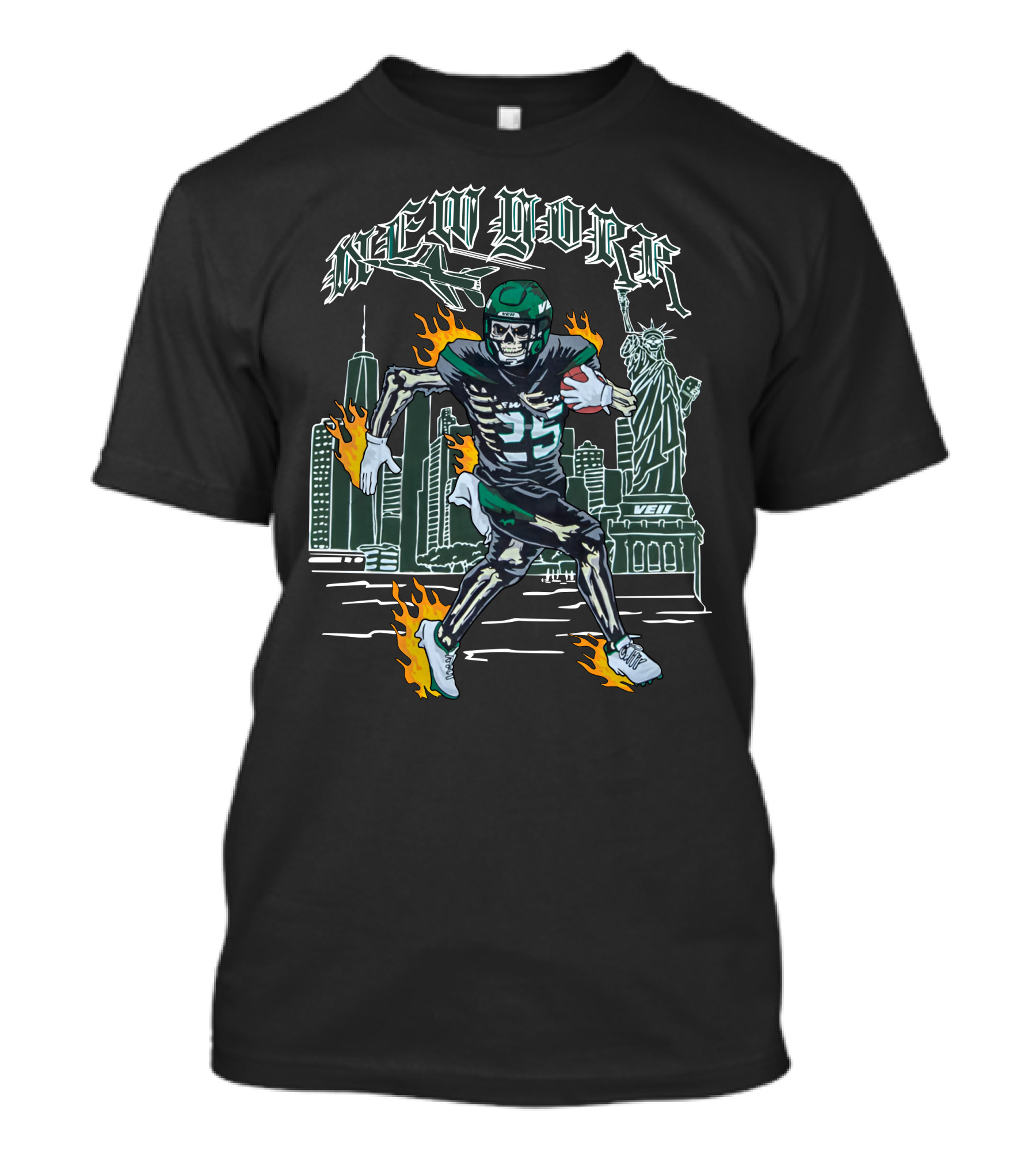 Veiiapparel New York Veii Ty Johnson Jetpack Mike White Statue Of Liberty Football Skyline Flames T-Shirt