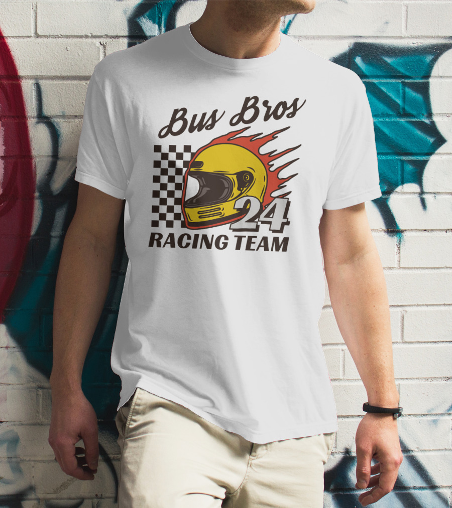Bus Bros 24 Racing Team Helmet Flames Checkered Flag T-Shirt