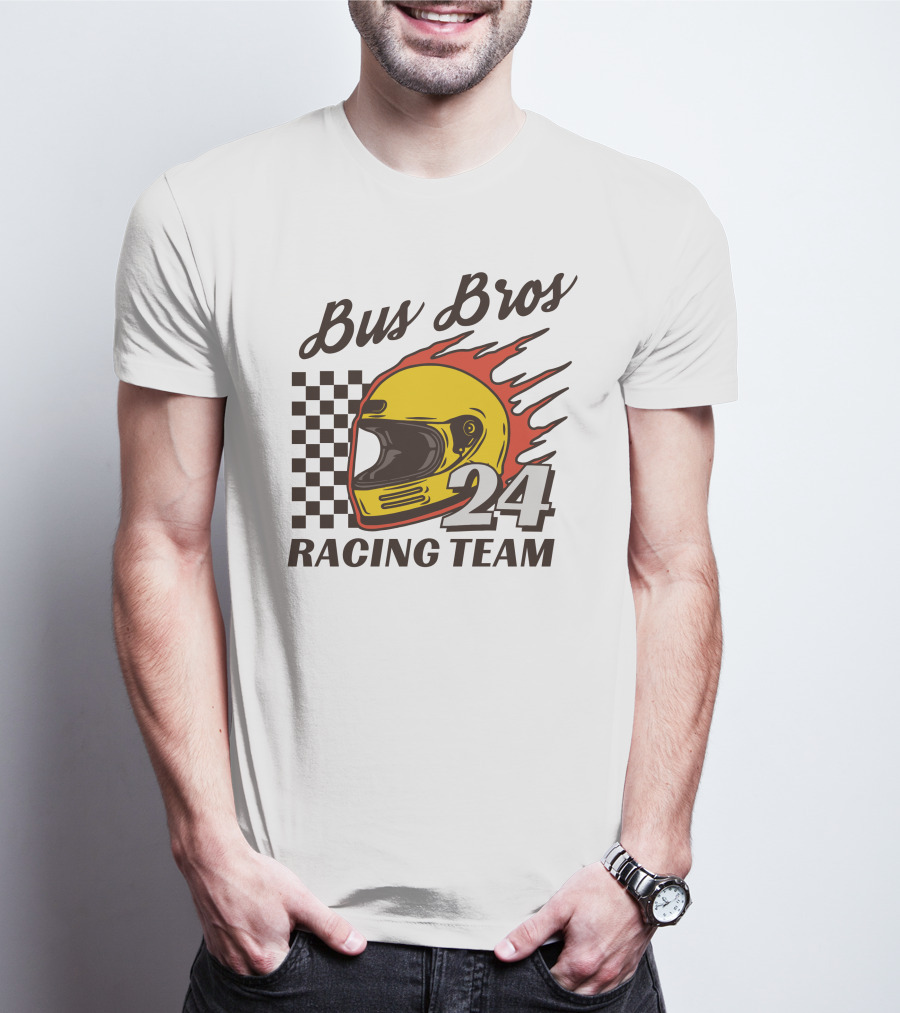 Bus Bros 24 Racing Team Helmet Flames Checkered Flag T-Shirt