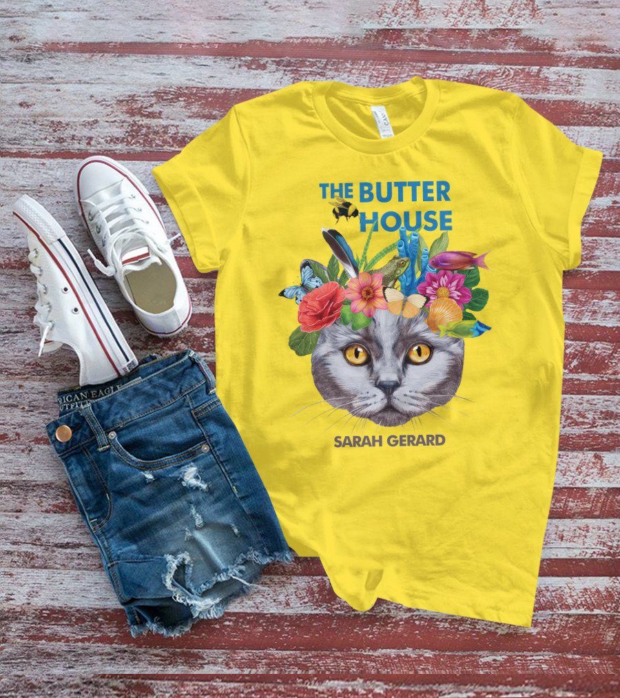 The Butter House Sarah Gerard Floral Cat With Butterflies And Fish On Yellow T-Shirt