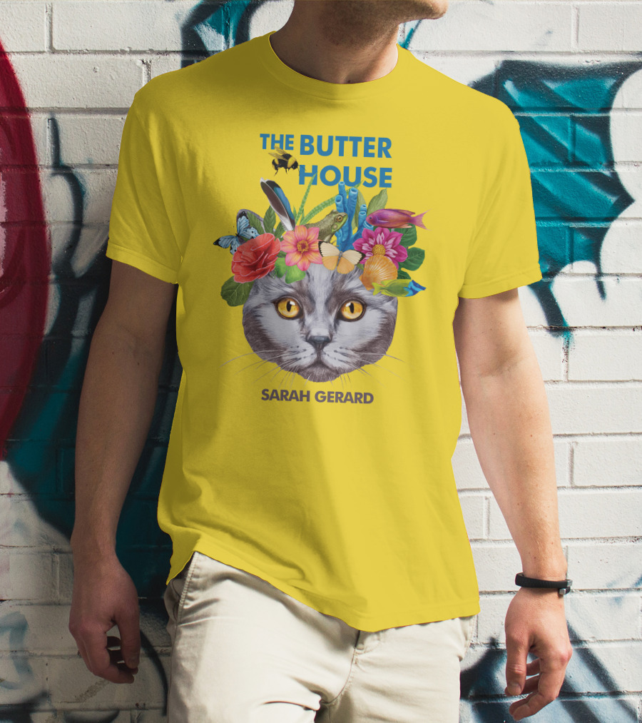 The Butter House Sarah Gerard Floral Cat With Butterflies And Fish On Yellow T-Shirt