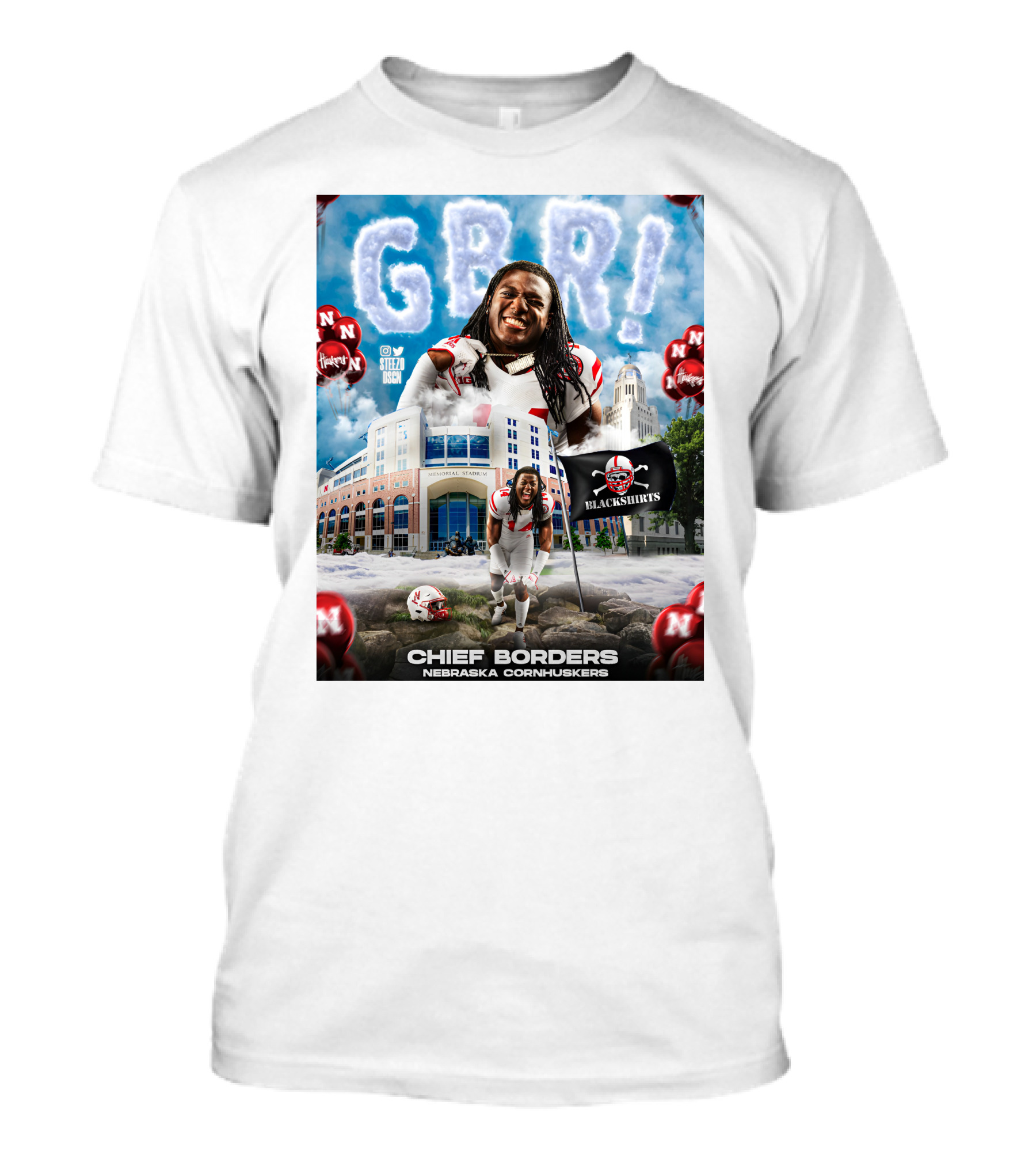 GBR Chief Borders Nebraska Cornhuskers Blackshirts Memorial Stadium T-Shirt