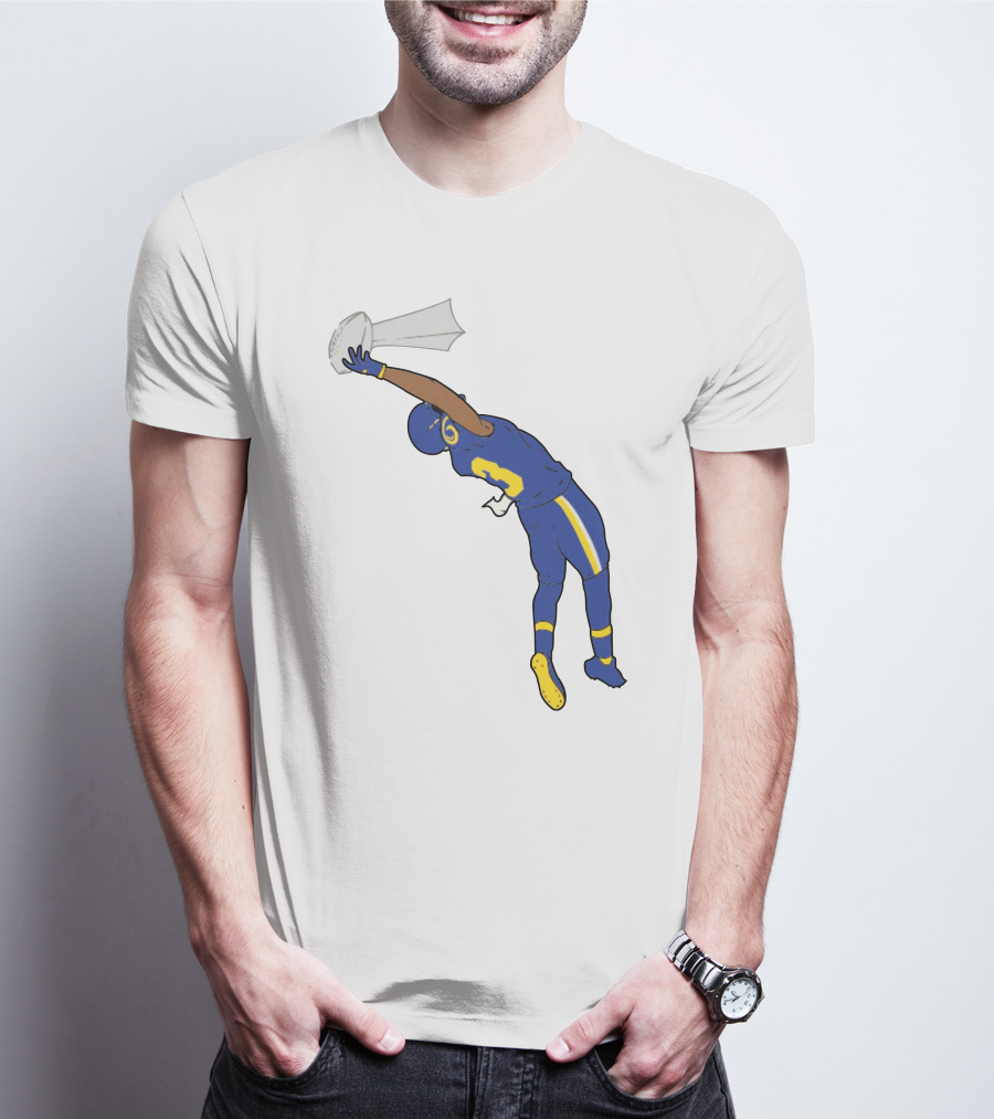 Trophy Catch Obj One-Handed Football Player Blue And Yellow Uniform T-Shirt
