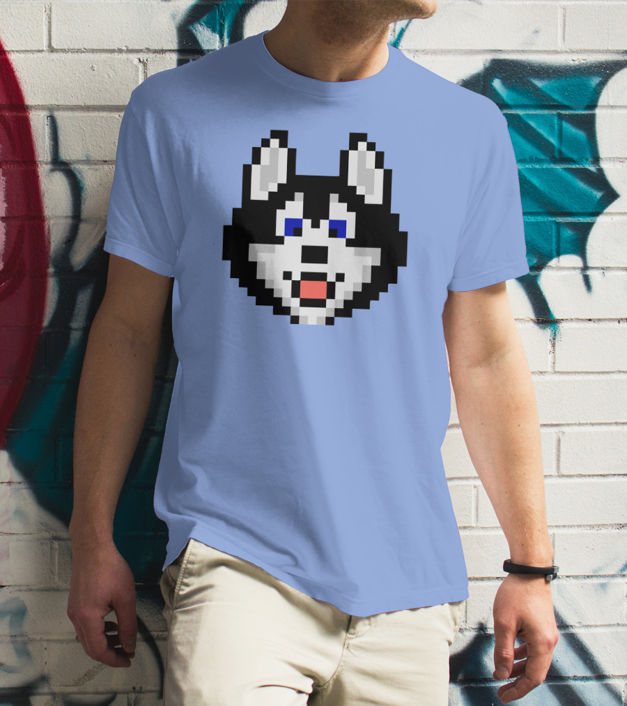 Huskytoken Cat Pixelated Husky Face On Light Blue T-Shirt