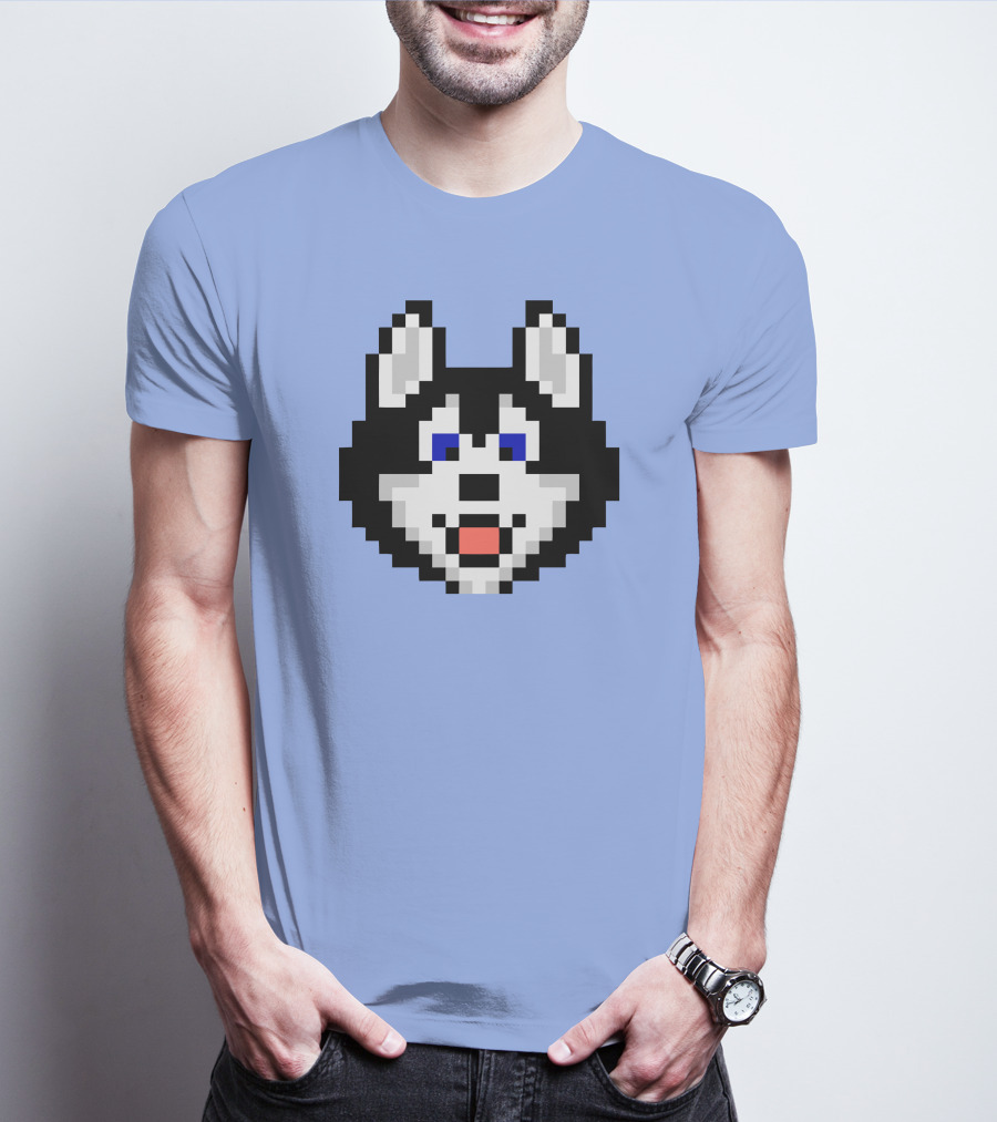 Huskytoken Cat Pixelated Husky Face On Light Blue T-Shirt