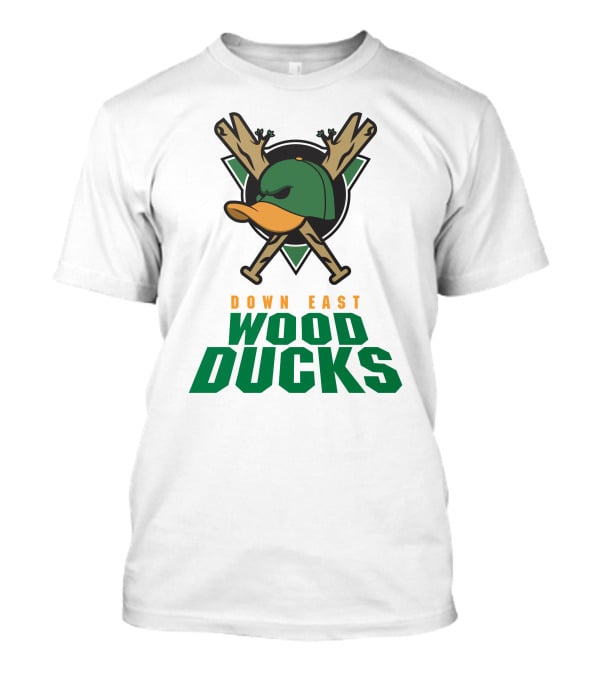 Down East Wood Ducks Baseball Logo With Crossed Bats And Duck Cap T-Shirt