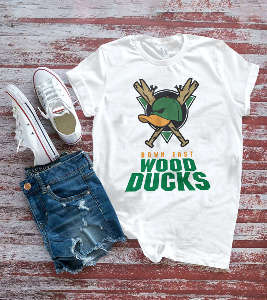 Down East Wood Ducks Baseball Logo With Crossed Bats And Duck Cap T-Shirt