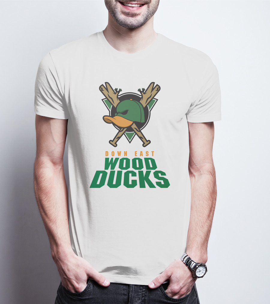 Down East Wood Ducks Baseball Logo With Crossed Bats And Duck Cap T-Shirt