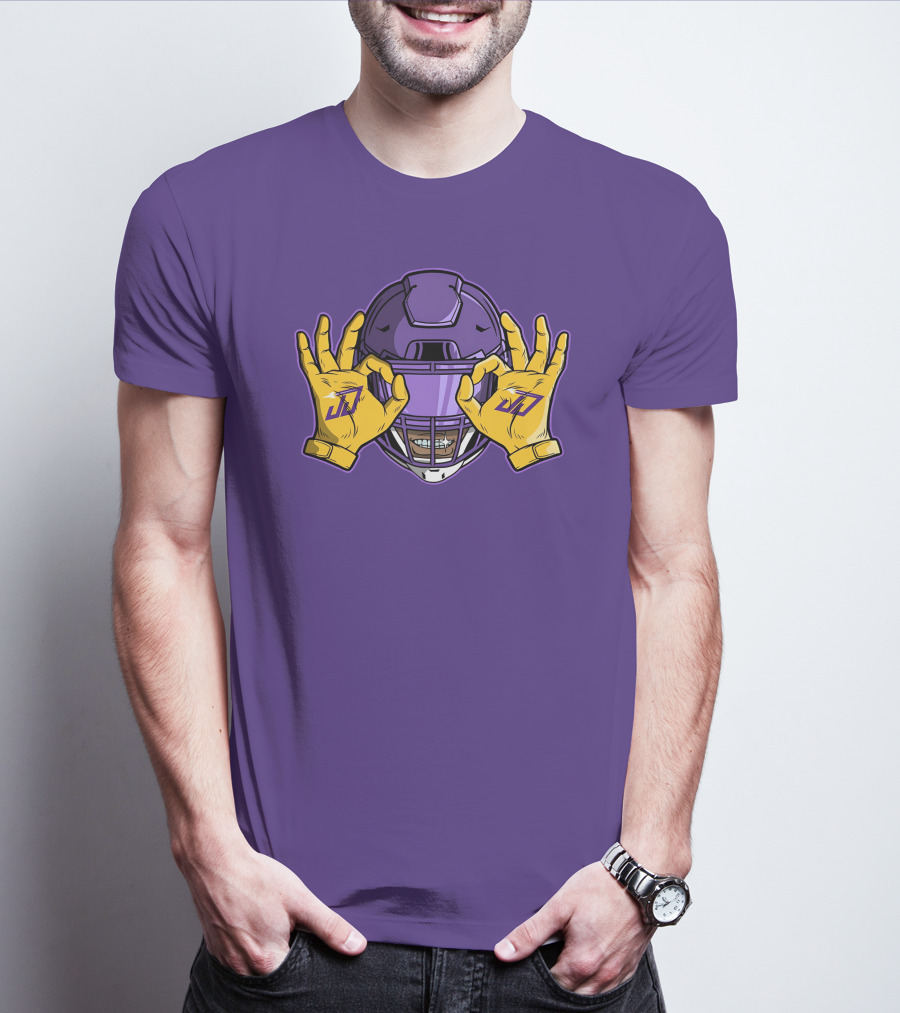 Kevin O’Connell Justin Jefferson Griddy JJ Celebration Viking Helmet Purple Yellow Hands T-Shirt
