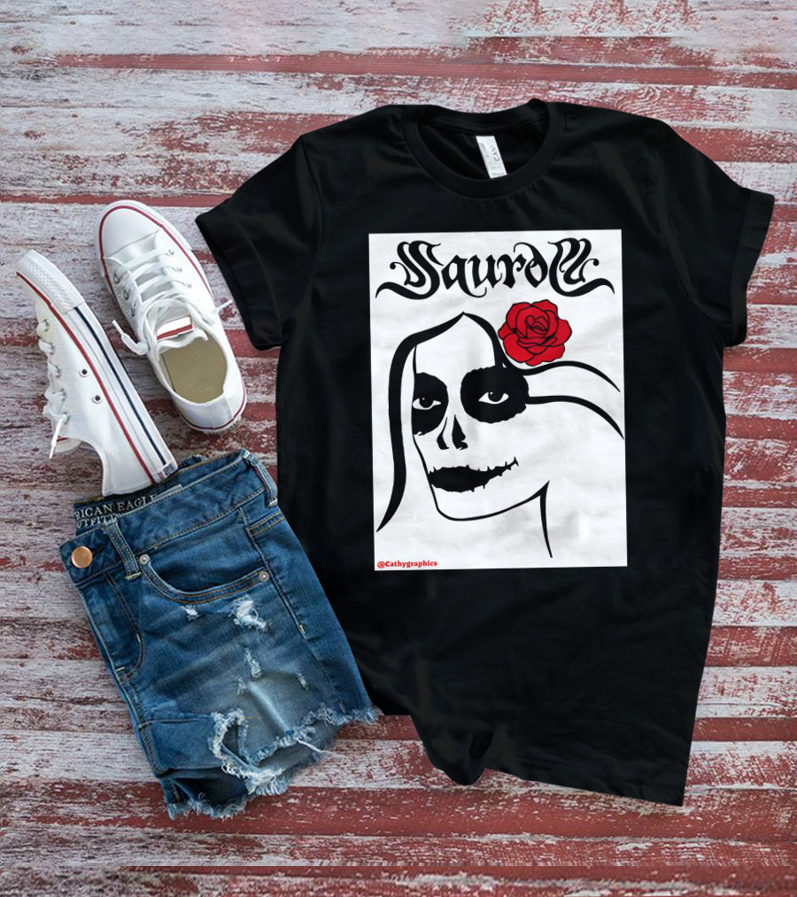Saurom Cathygraphics Skull Face With Red Rose T-Shirt
