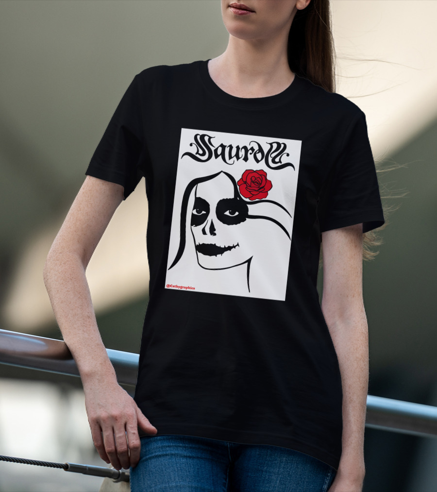 Saurom Cathygraphics Skull Face With Red Rose T-Shirt