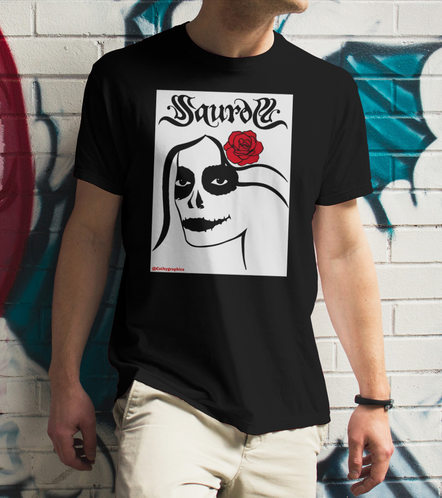 Saurom Cathygraphics Skull Face With Red Rose T-Shirt