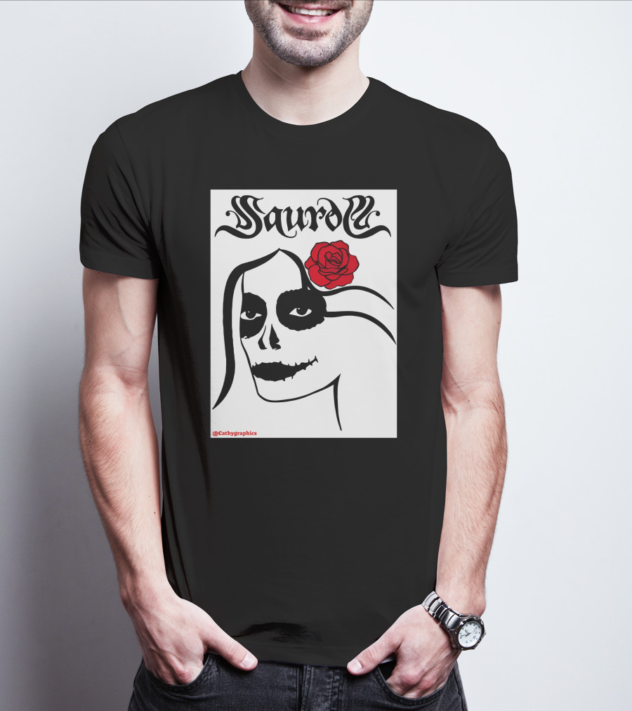 Saurom Cathygraphics Skull Face With Red Rose T-Shirt