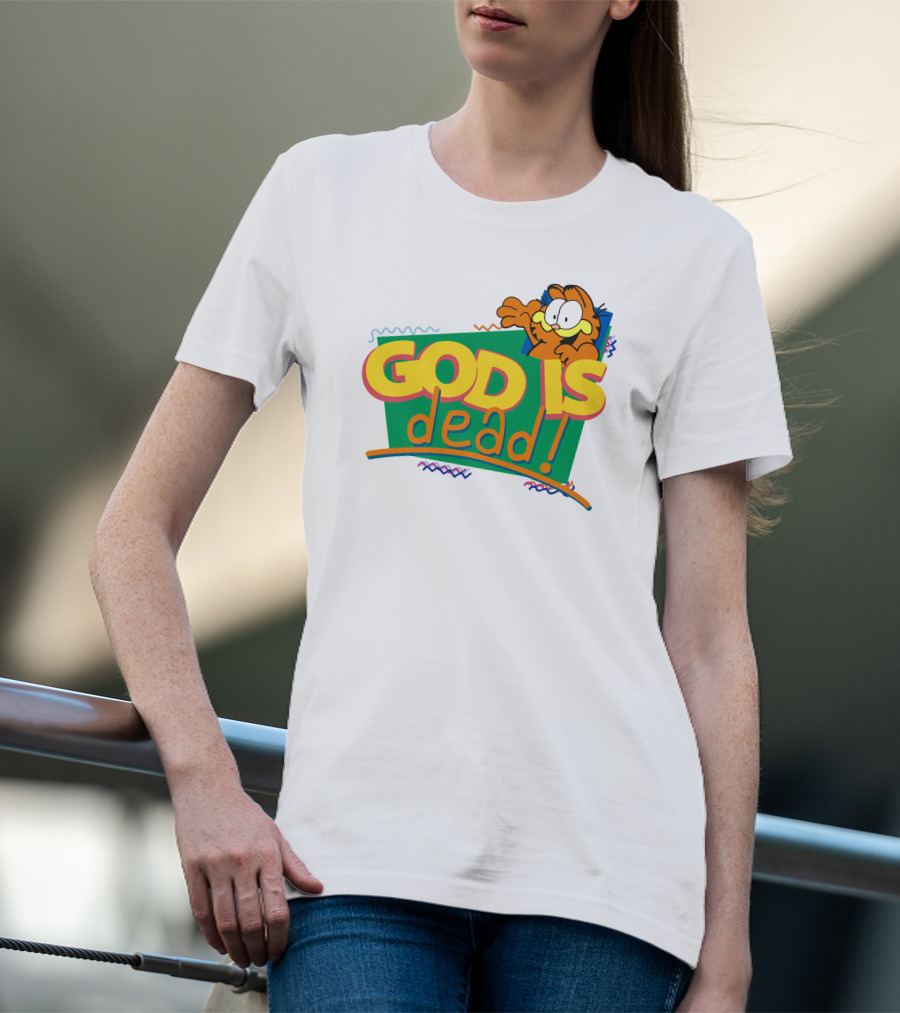 Garfield God Is Dead Comic Style Text With Playful Cartoon Character T-Shirt