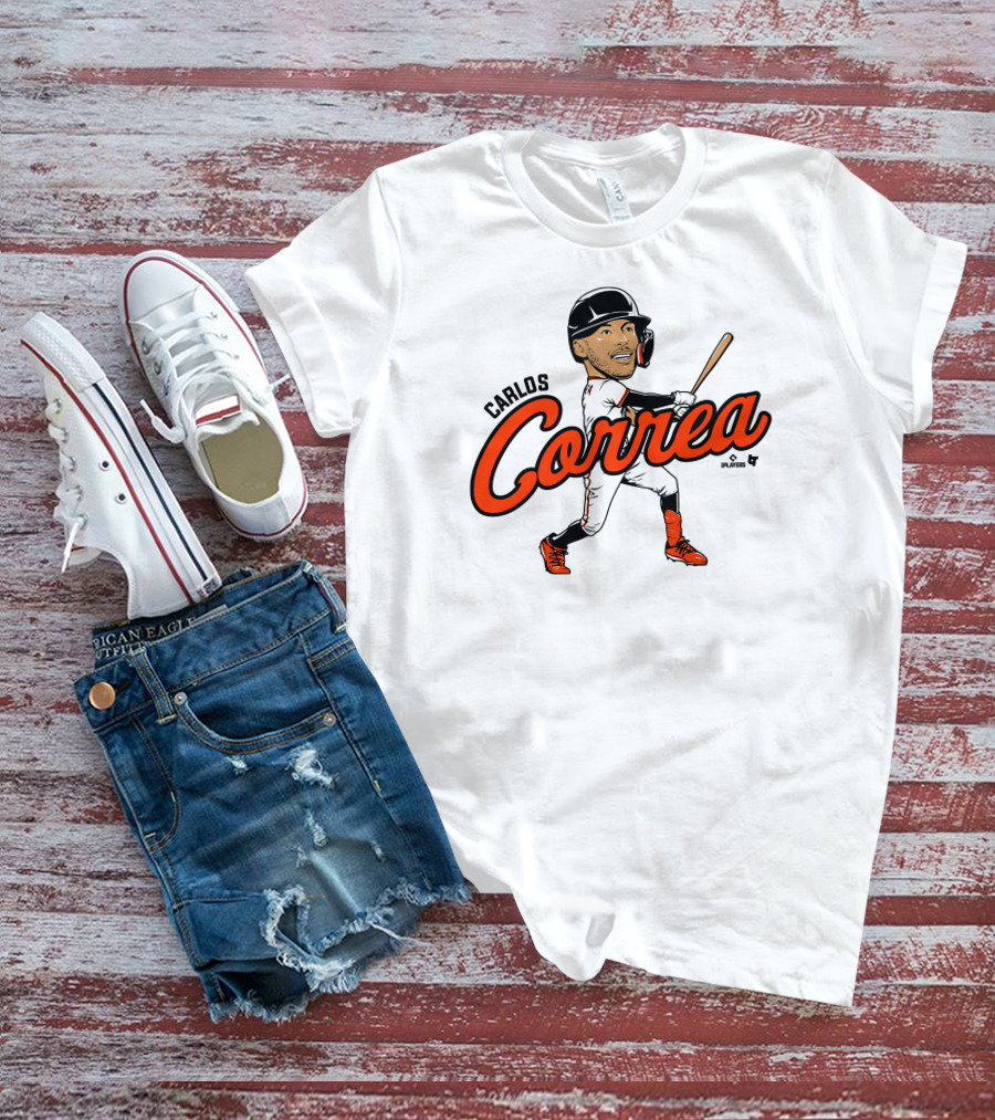 Carlos Correa Caricature Baseball Player Swinging Bat T-Shirt