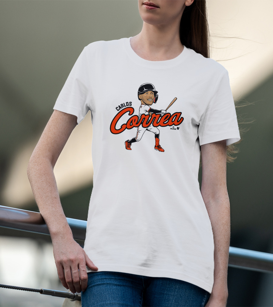 Carlos Correa Caricature Baseball Player Swinging Bat T-Shirt
