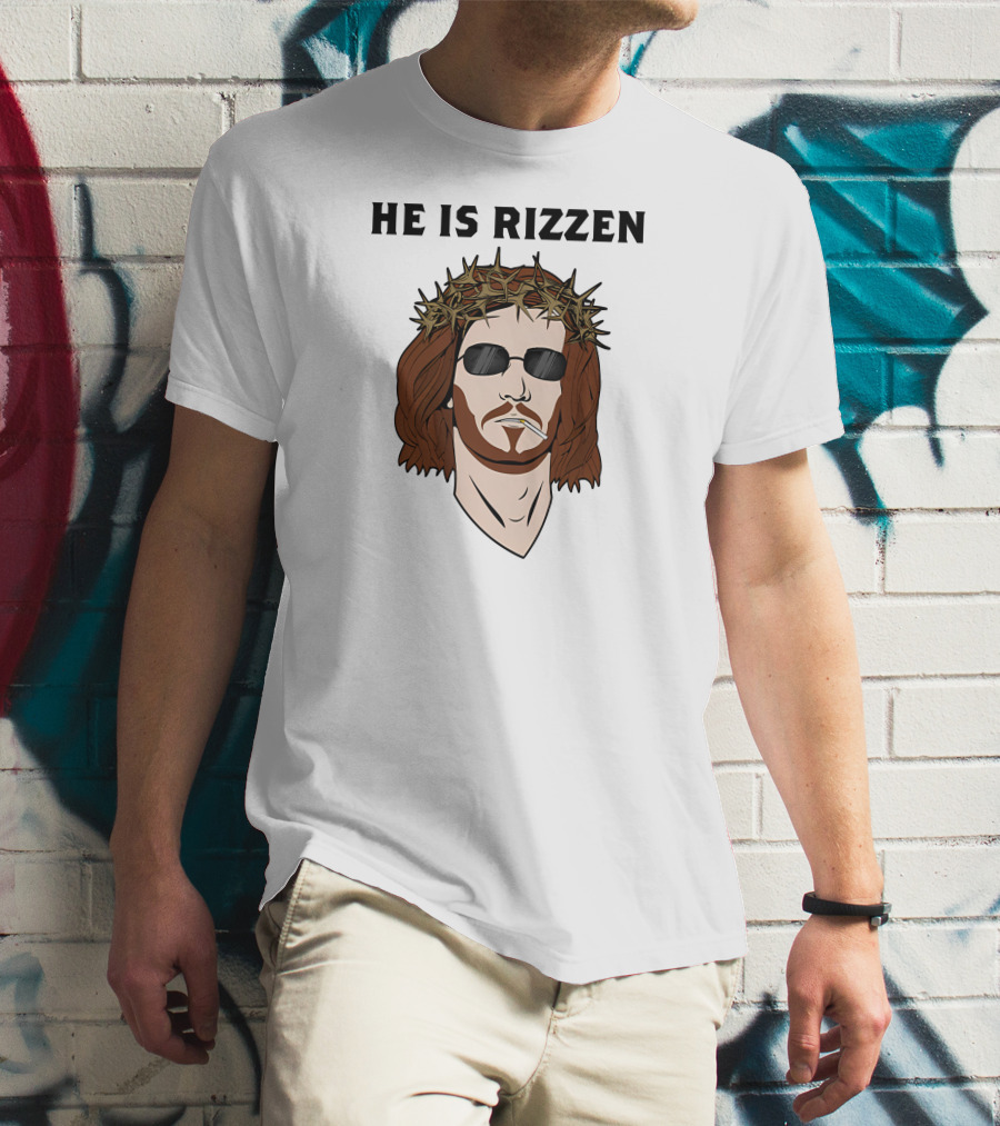 Shithead Steve Merch He Is Rizzen Jesus Crown Of Thorns Sunglasses Smoking T-Shirt