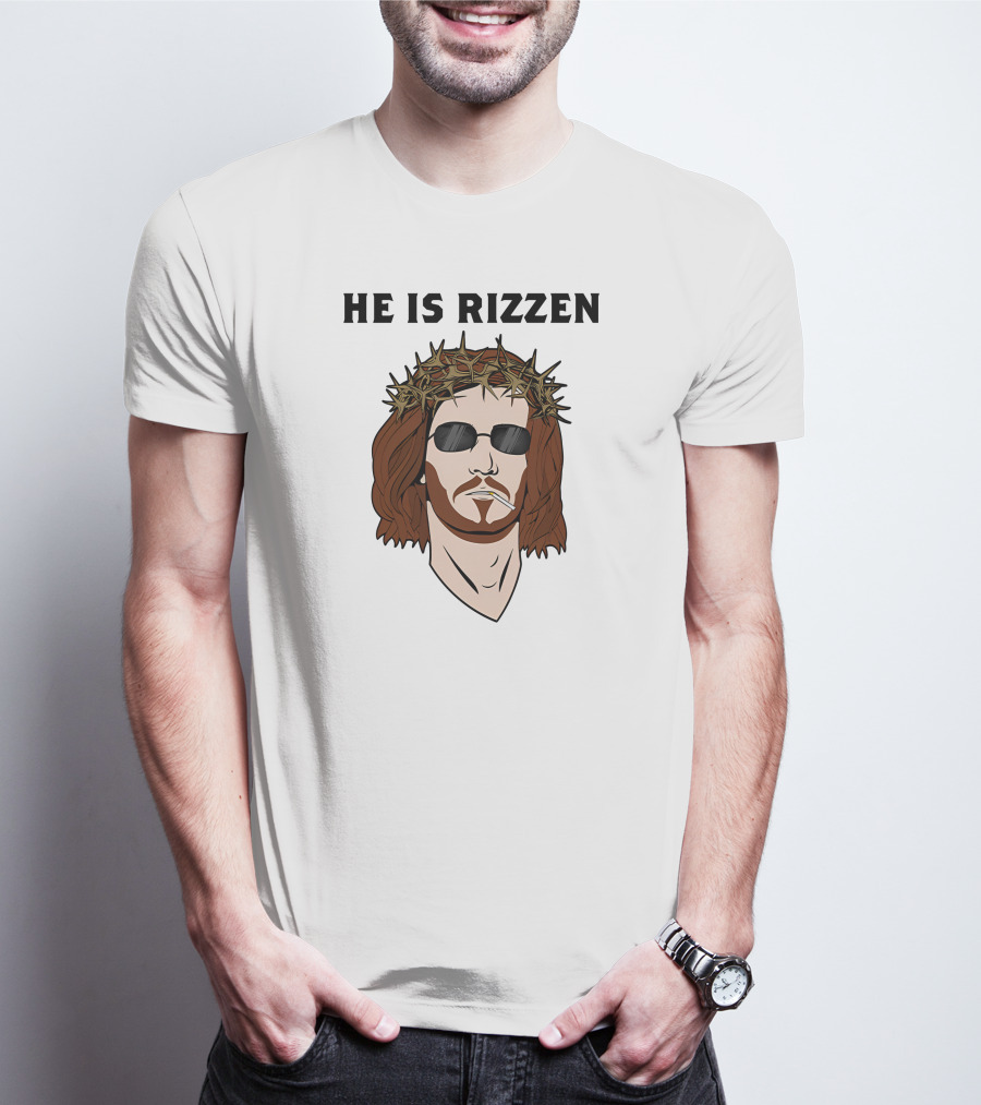 Shithead Steve Merch He Is Rizzen Jesus Crown Of Thorns Sunglasses Smoking T-Shirt