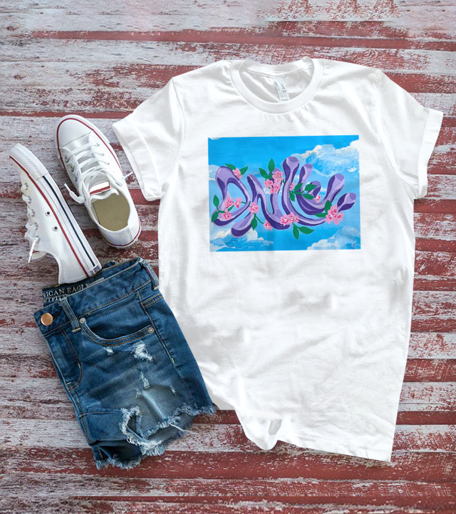 Jolene Dance Purple Script With Pink Flowers On Blue Sky Background T-Shirt