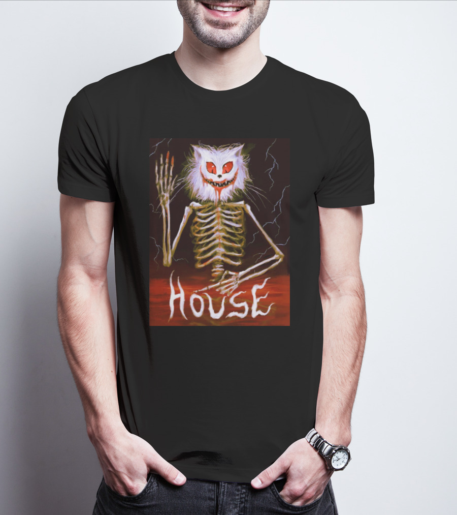 House Skeleton Cat Spirit With Lightning T-Shirt